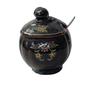 Redware Sugar Bowl Jam Jelly Jar Japan Vintage Hand Painted Ceramic 4.5" x 3.25"